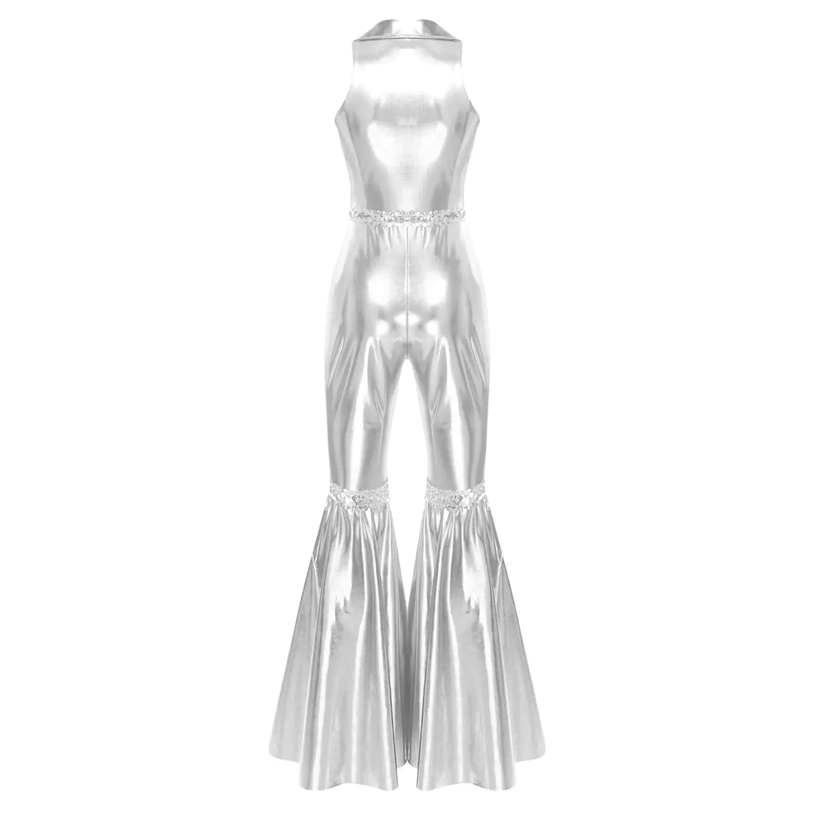 Simples Market silver metallic disco jumpsuit with sleeveless design, sequin waist belt, and bell-bottom pants