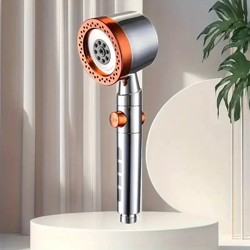 Handheld shower head by Simples Market, chrome with orange accents, 5 modes.
