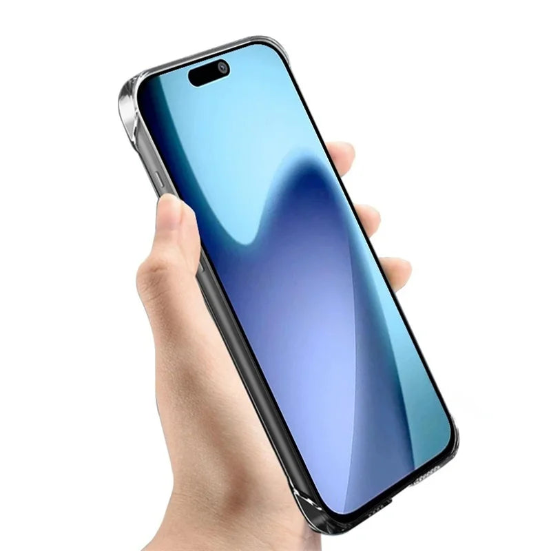 Frameless clear PC phone case for iPhone 17/16/15/14 Plus/13/12 Mini/11 Pro Max/16e/17 Air; transparent with black edges