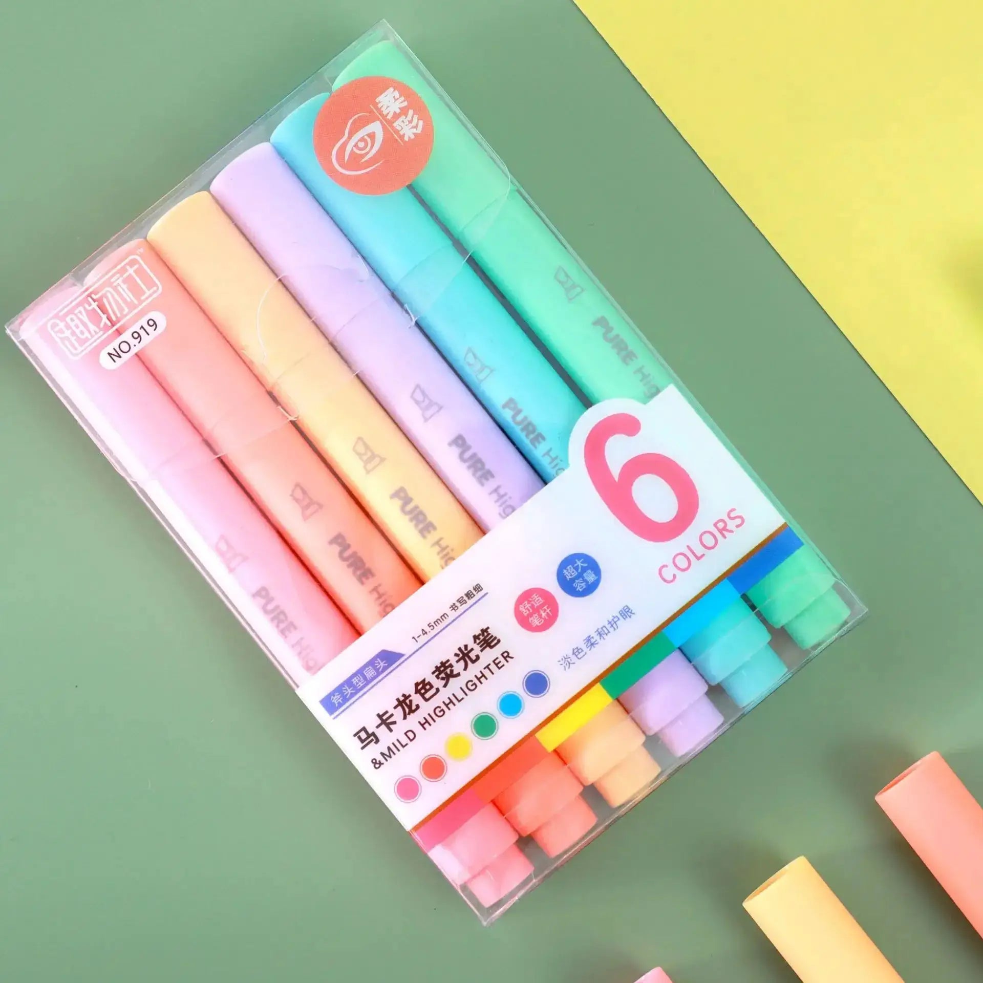 Simples Market 6-piece pastel macaron highlighter pen set in pink, peach, lavender, blue, mint and yellow.