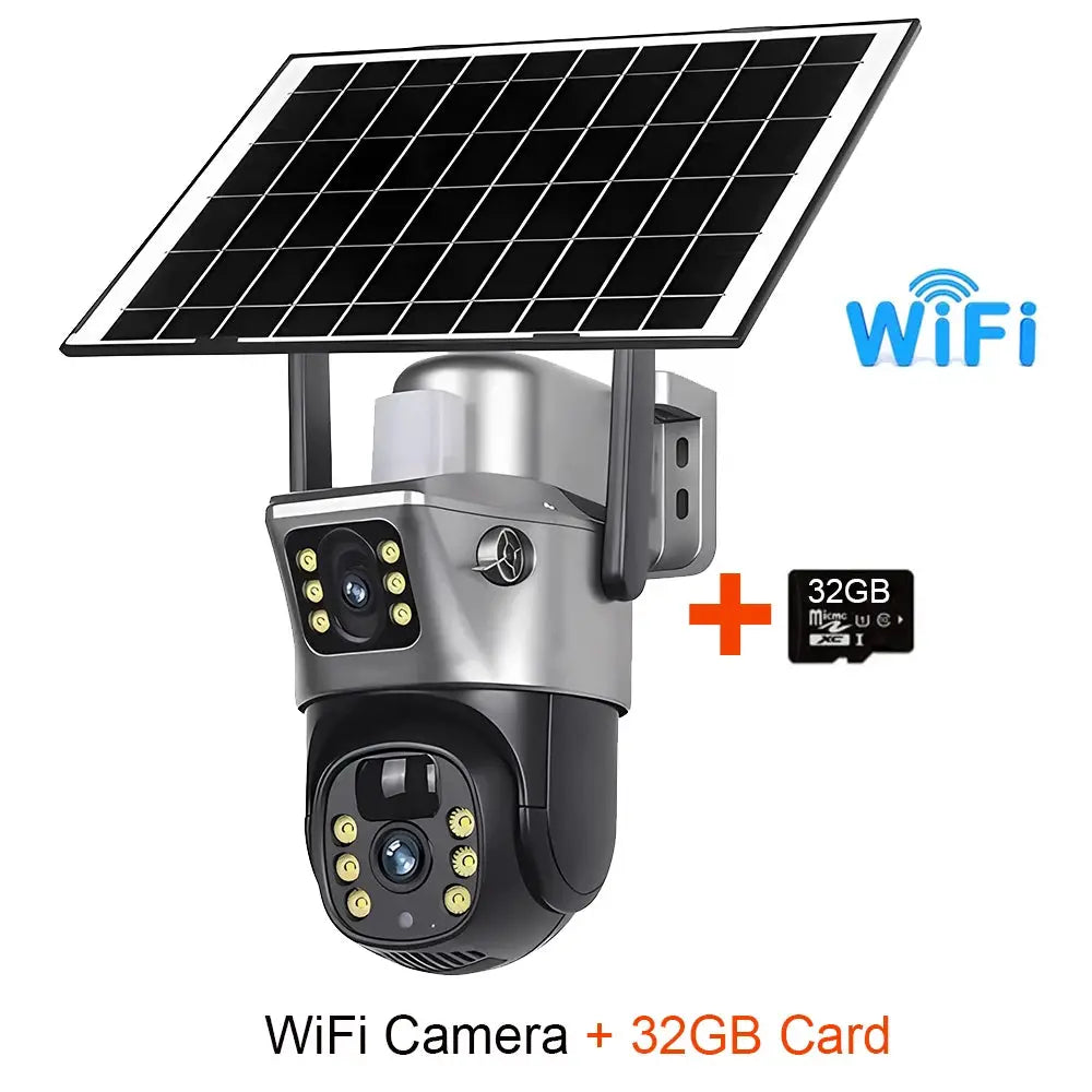 Simples Market 4G/WiFi solar security camera with dual lenses, silver body, 32GB card