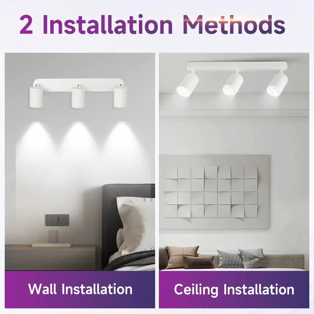 Simples Market GU10 LED spotlight bar with 3 adjustable heads; wall and ceiling installation options.