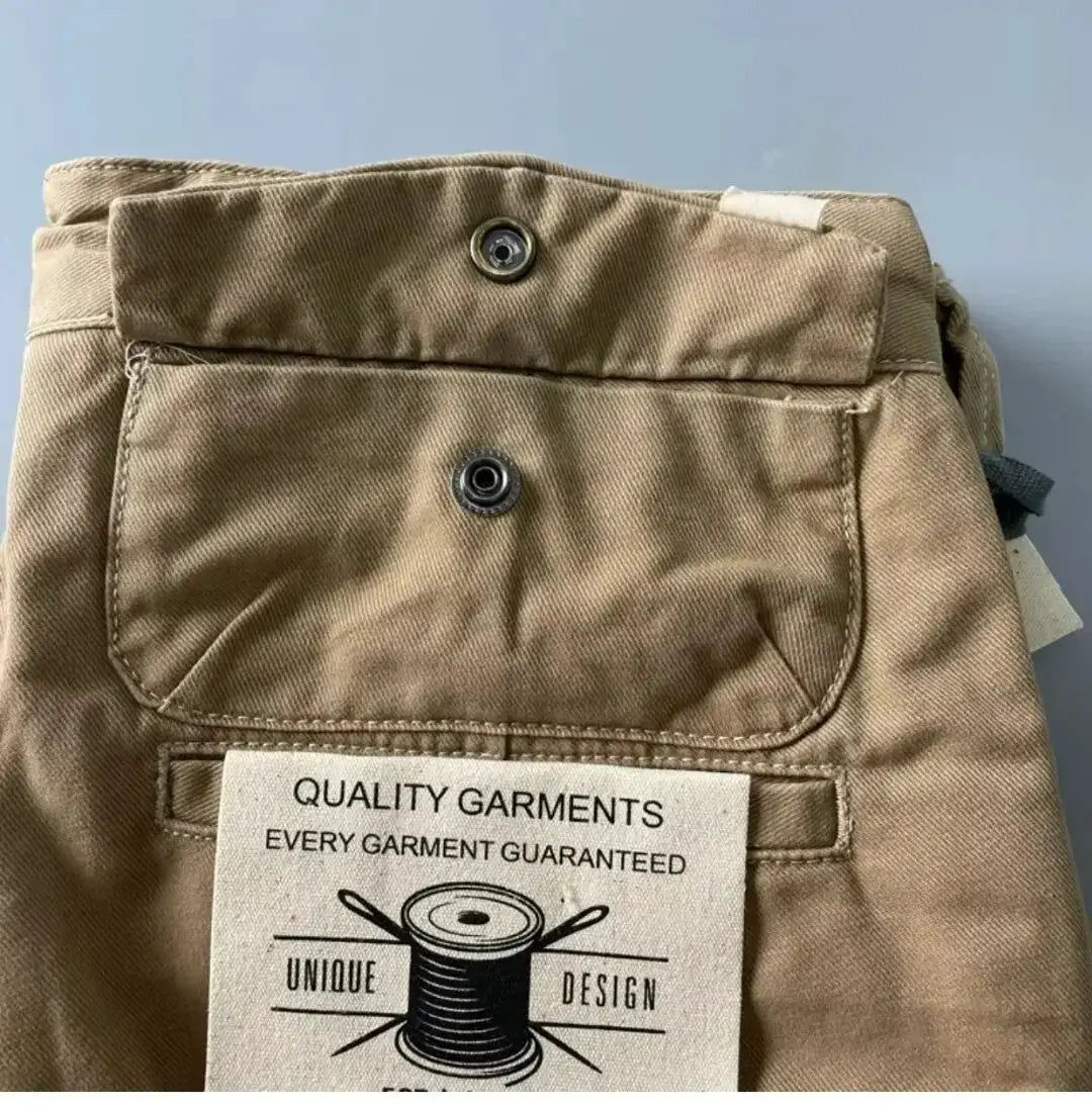 American-style khaki cargo pants, pure cotton heavy-duty, loose straight-leg with back pocket