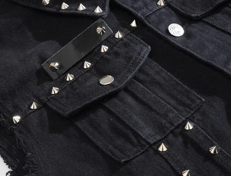 Simples Market black rivet-studded denim vest, sleeveless slim-fit jean waistcoat for men 6XL