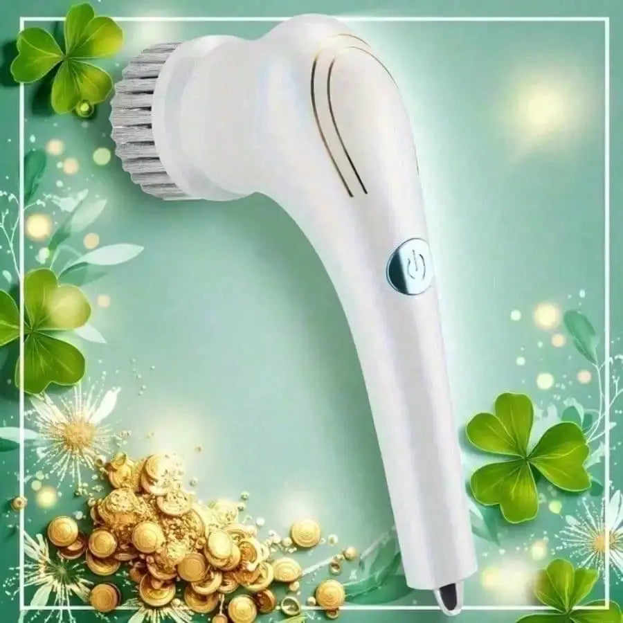 White handheld electric cleaning brush with brush head and power button, ideal for bathroom and kitchen cleaning.