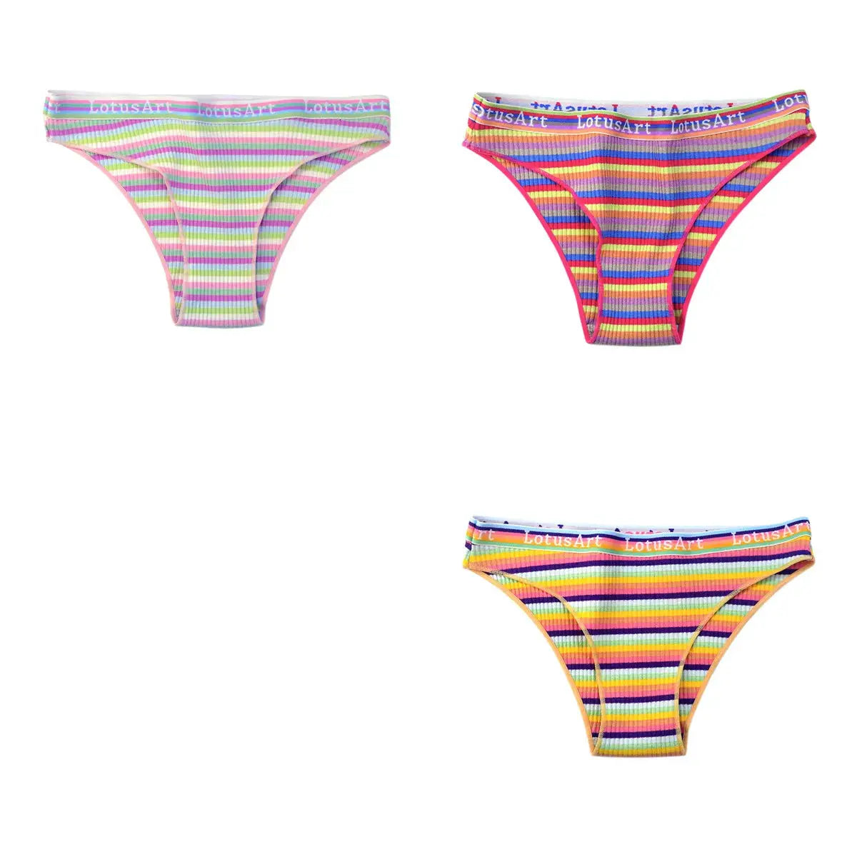 3Pcs set cotton panties for women; colorful striped low-rise briefs with LotusArt waistband