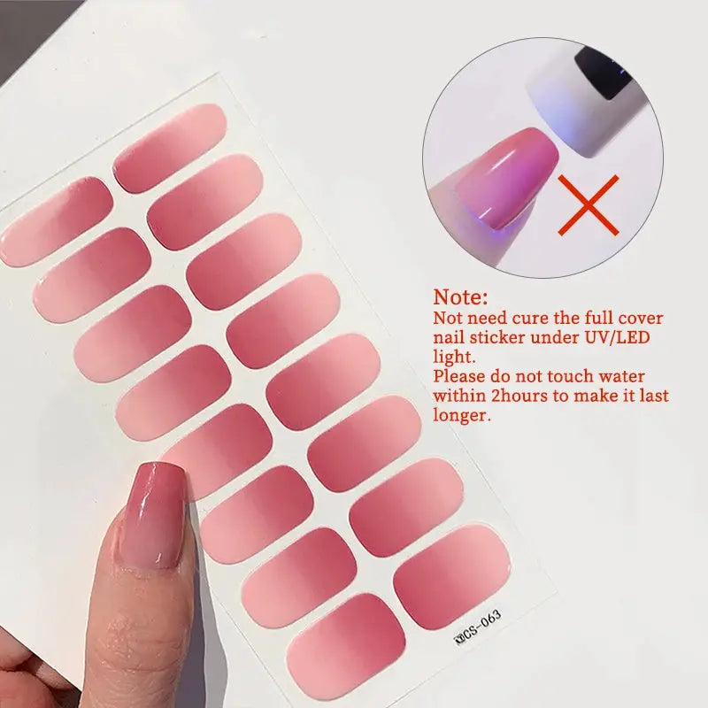 16-piece full-cover gradient pink nail stickers sheet with self-adhesive press-on decals