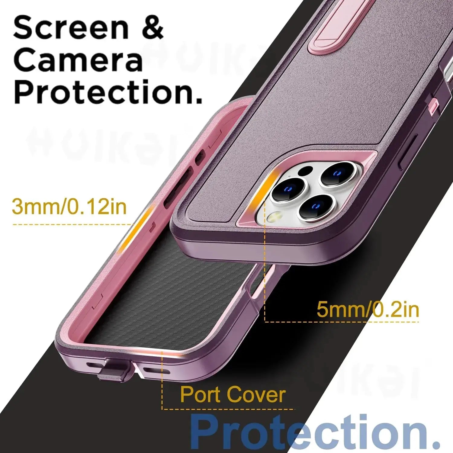 iPhone case by Simples Market; heavy-duty silicone protective cover in purple-pink with port cover and camera protection.