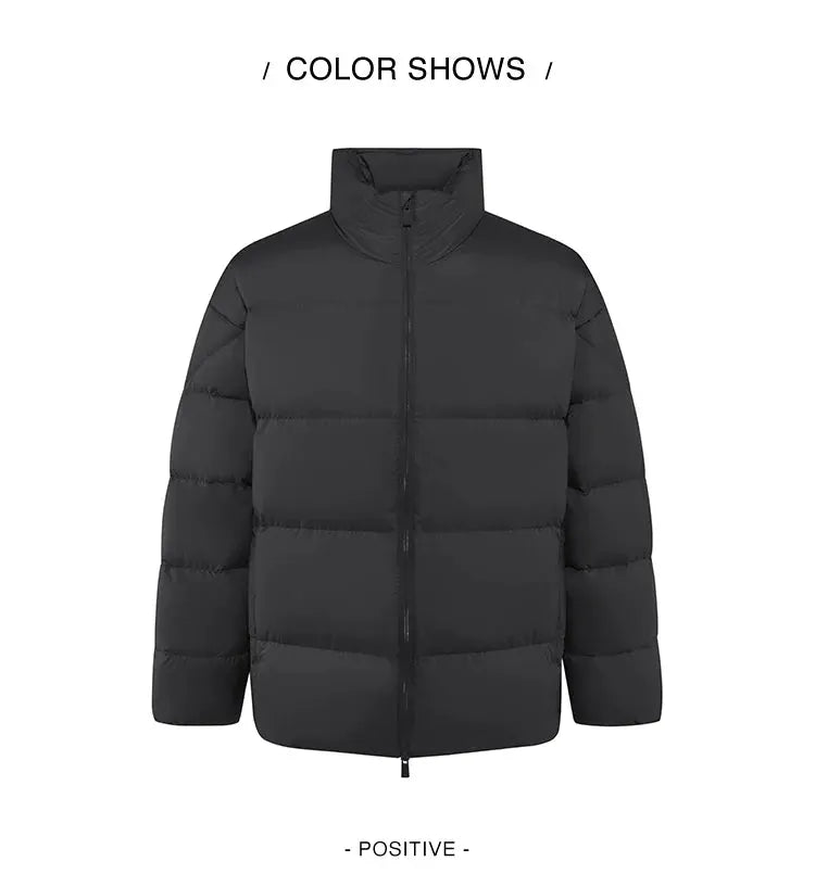 Men's black puffer down jacket with stand collar, quilted warmth, lightweight winter coat