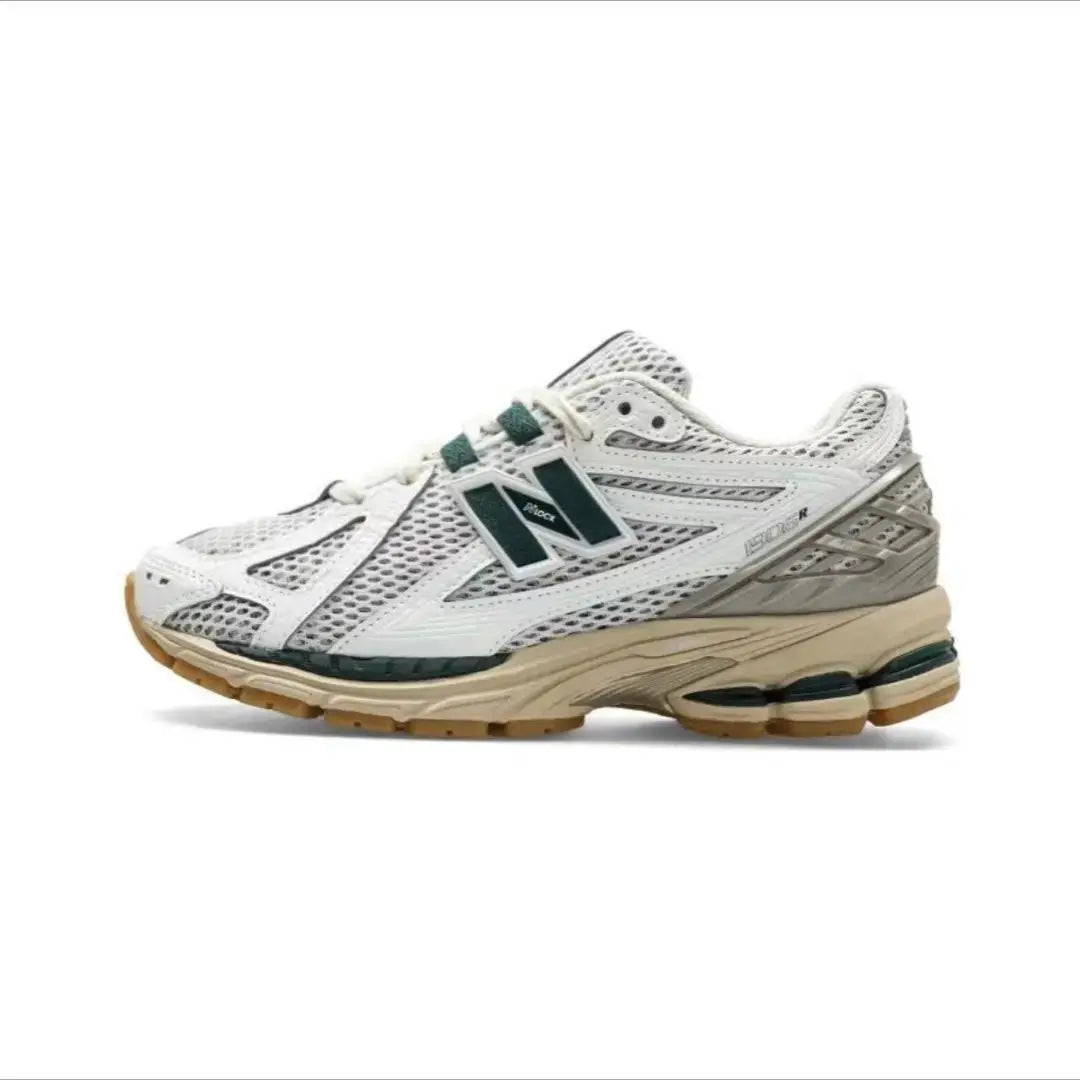 Simples Market 1906R retro dad shoes, white mesh with green accents and beige sole