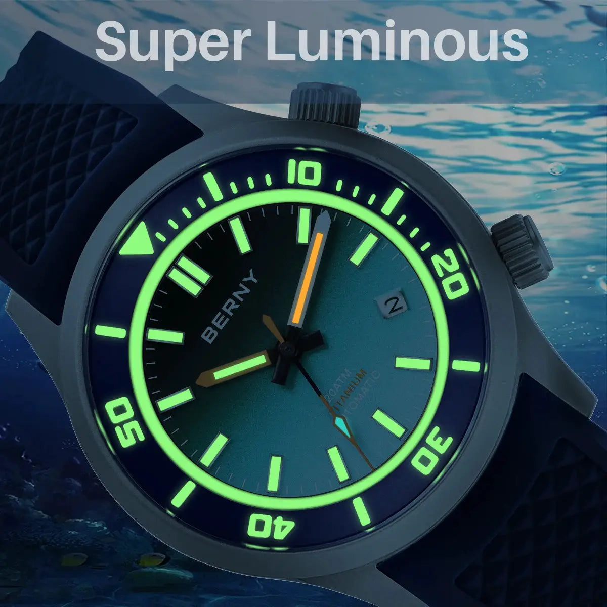 BERNY diver watch with luminous green glow and titanium 20ATM case