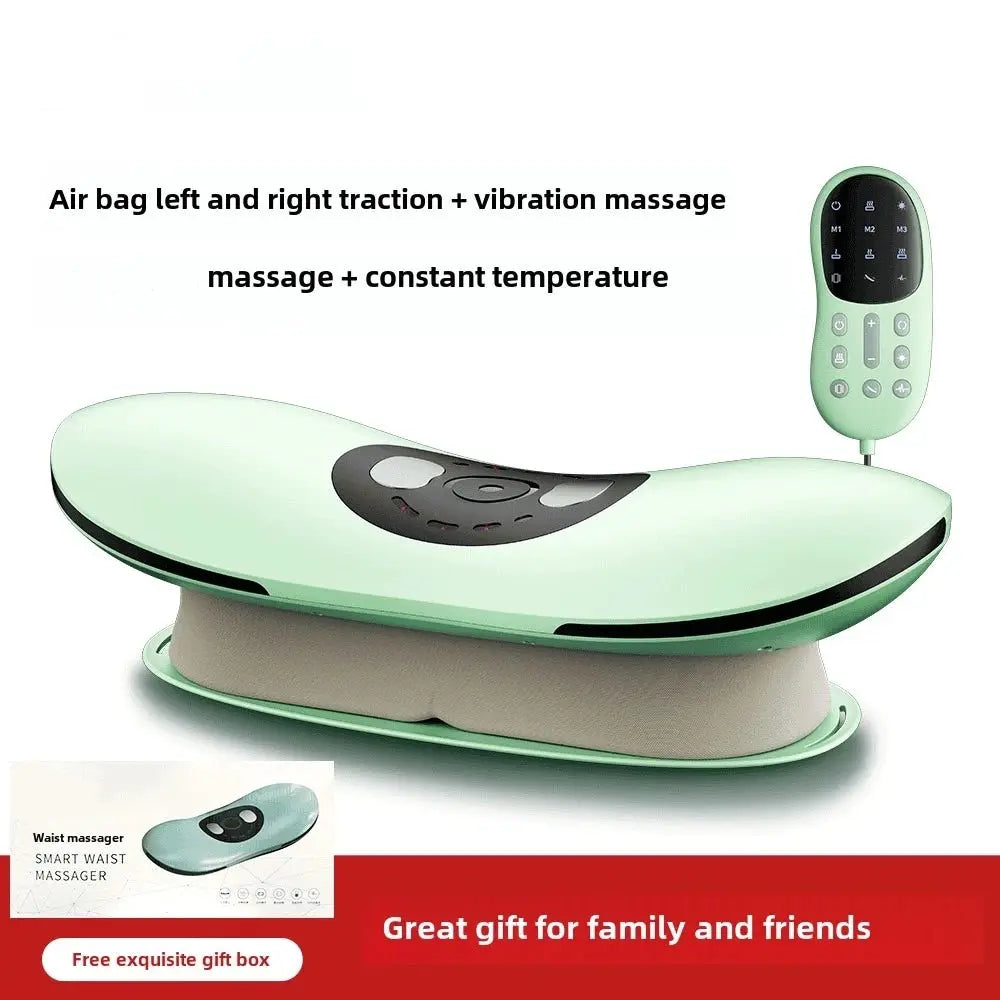 Electric lumbar traction massager with heat and adjustable intensity; inflatable green back stretcher with remote control