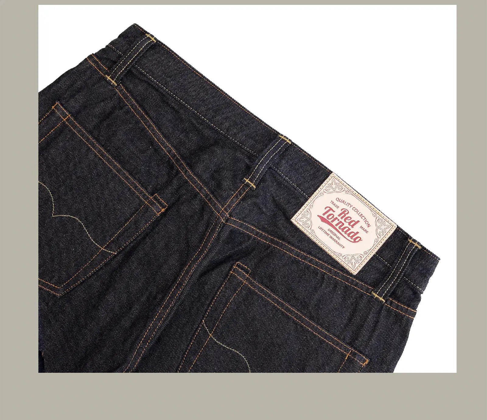 Red Tornado denim jeans, dark indigo 12oz selvedge with orange topstitching and leather patch