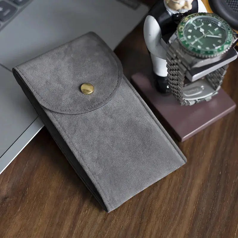 Embers watch bag, gray flannelette travel case with brass snap closure