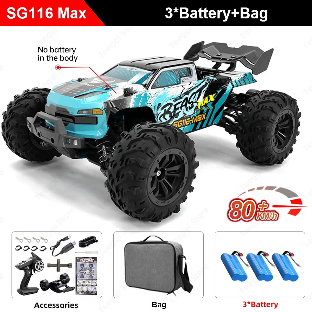Simples Market SG116 Max 1:16 RC off-road monster truck, blue-teal body, 4WD, includes 3 batteries and carry bag