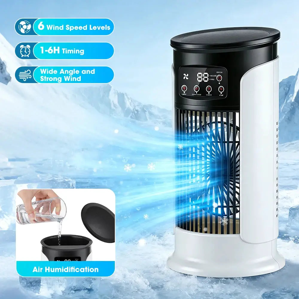 Simples Market portable air conditioner fan with 6 speeds, mist humidifier, USB desktop cooler and LED display.