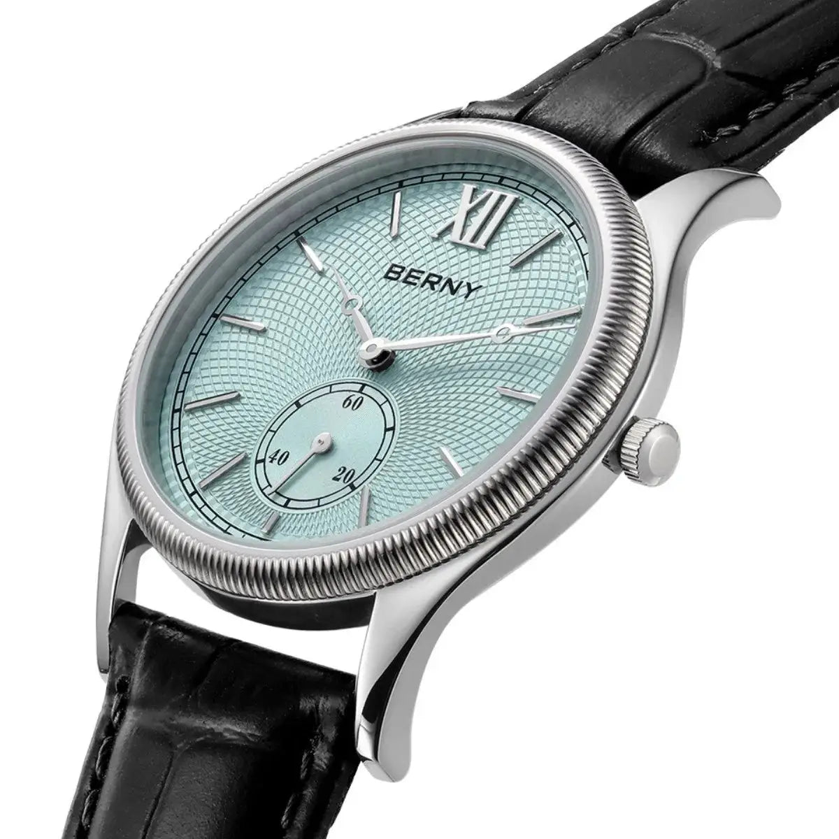 BERNY men's dress watch with turquoise dial, silver case, and black leather strap
