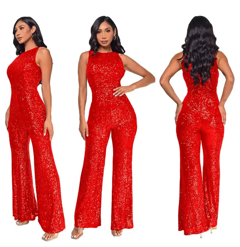 Simples Market red sequined jumpsuit, sleeveless, high-waist, wide-leg