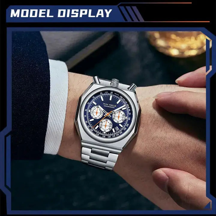 MINI FOCUS men's chronograph watch with blue dial, calendar, and stainless steel strap