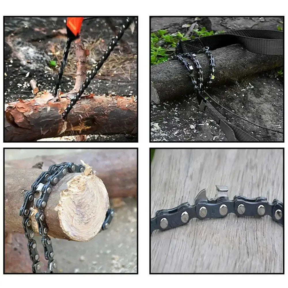 Simples Market portable survival chain saw; black metal chain with belt, shown in four outdoor camping views