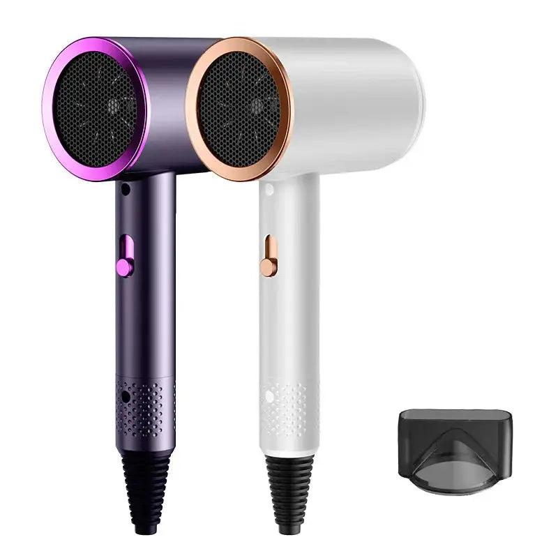 Two high-speed professional hair dryers in purple and white with rose-gold accents, including a nozzle attachment.
