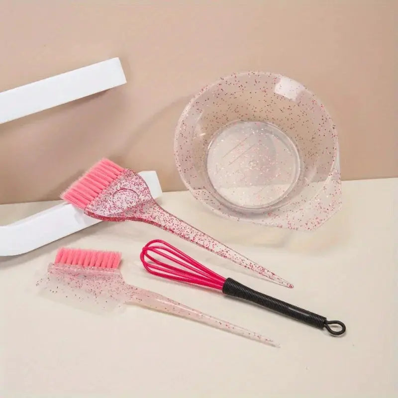 Simples Market 4pc pink glitter hair dyeing set with pearl dyeing brush, combs, and mixing bowl