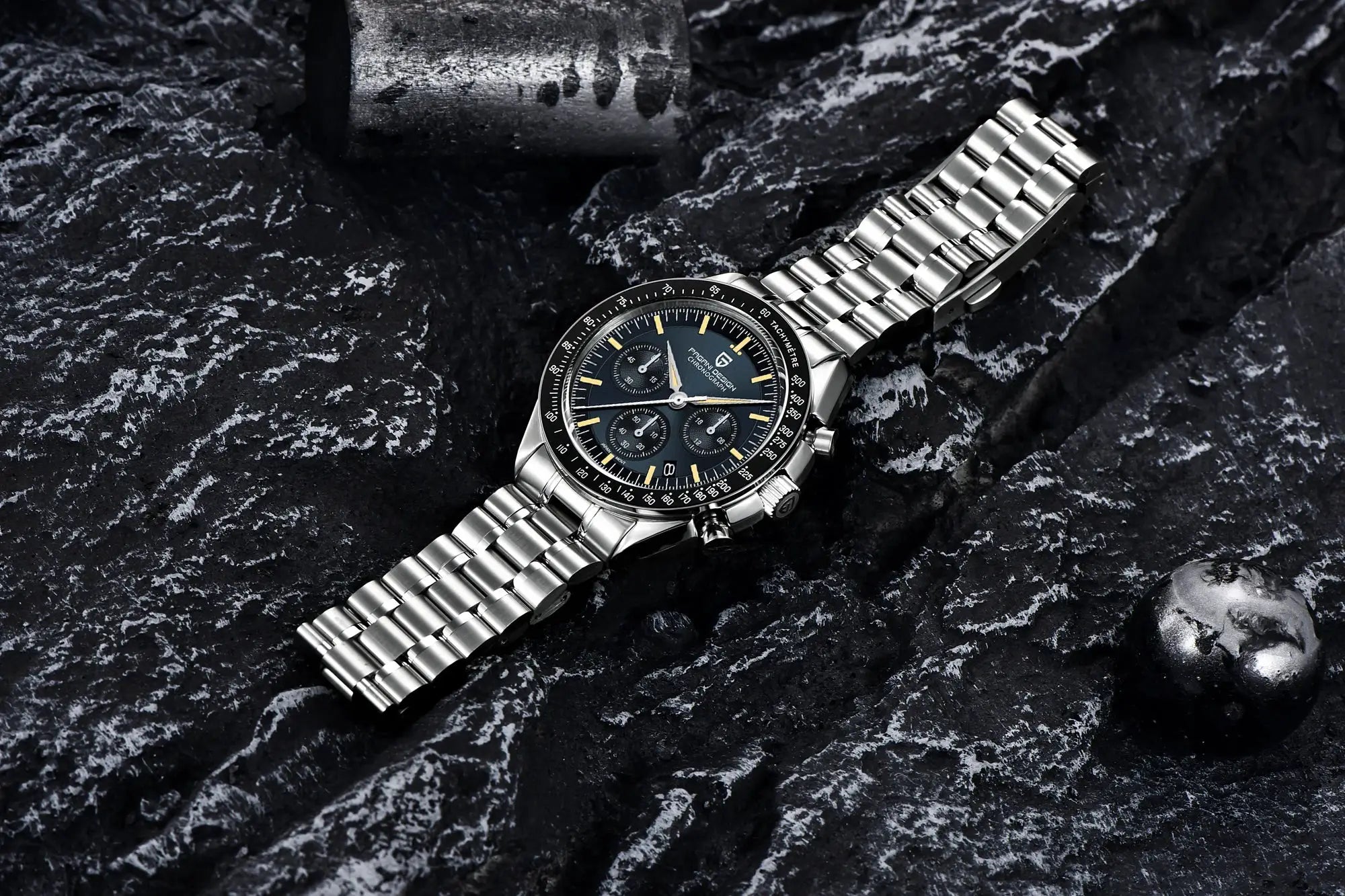 Pagani Design Moon Watch for men; stainless steel quartz chronograph with black dial and tachymeter bezel