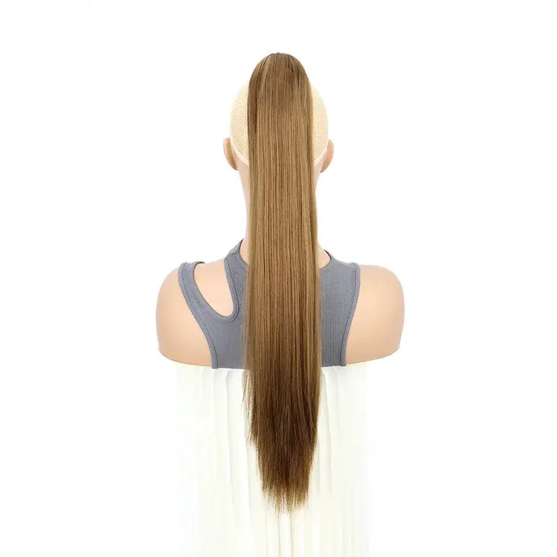 Clip-on ponytail hair extension, 24-inch synthetic long straight, heat resistant, blonde