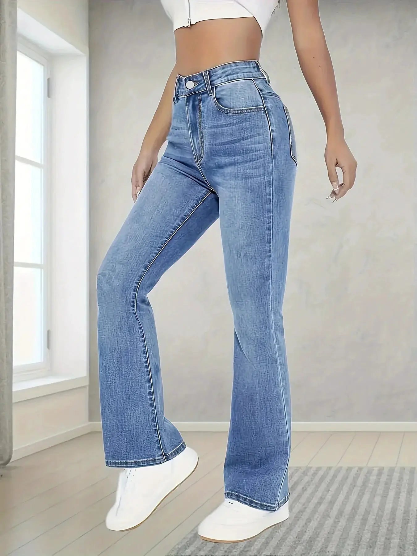Womens Denim Trousers High Waist Wide Leg Streetwear Loose Fit
