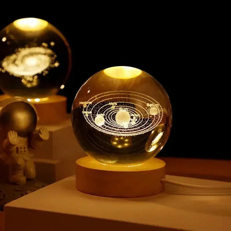 Gift Festival USB LED Night Light Galaxy Crystal Ball Lamp on wooden base with warm amber glow by Simples Market
