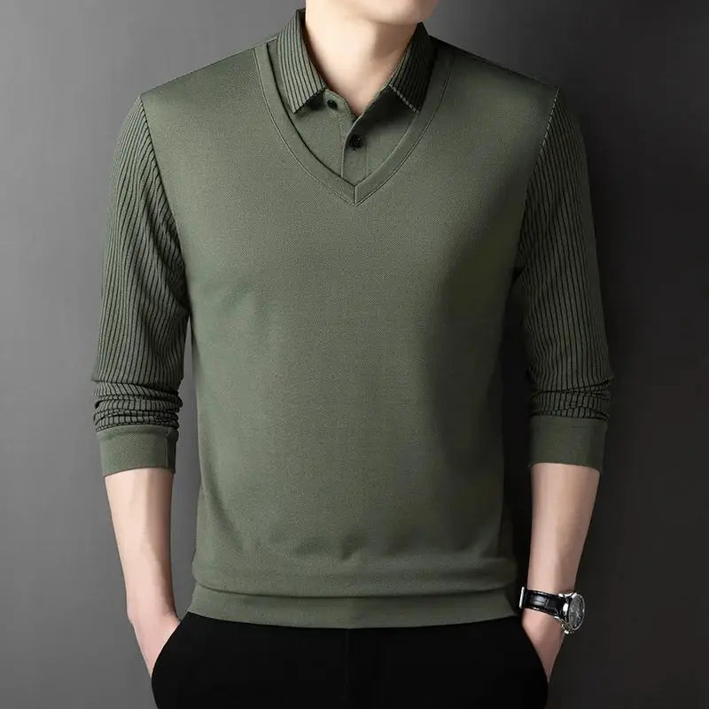 Men's Simples Market green long-sleeve polo shirt, solid color knit top