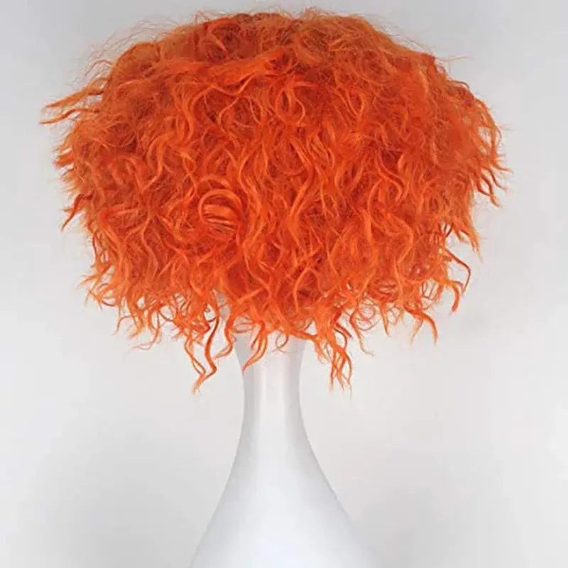 Mad Hatter orange cosplay wig with short curly hair on mannequin head