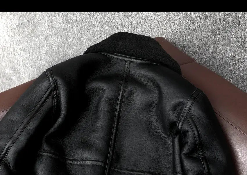 Men's leather fur jacket with black shearling collar; genuine sheepskin, warm coat.