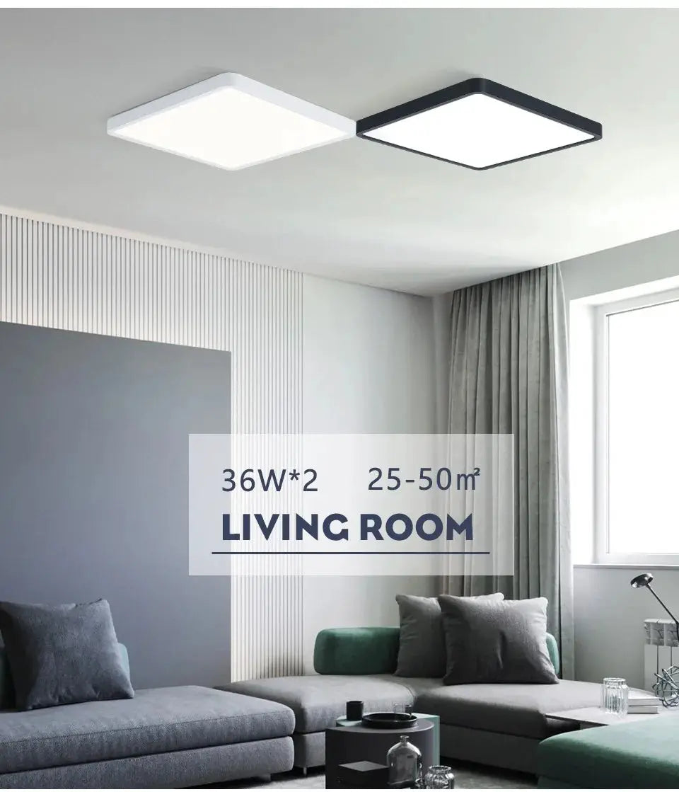 MARPOU Tuya Smart LED square ceiling lamps; dual fixtures in white and black frames for living room, 36W each