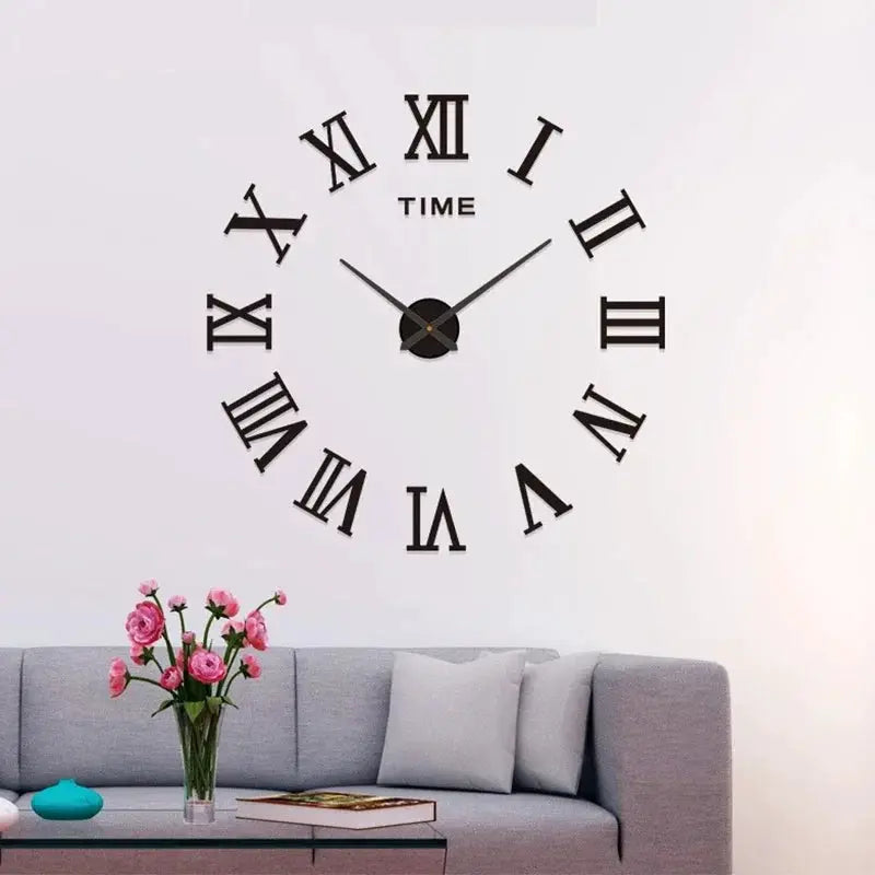 Wall clock wall sticker, large 3D DIY silent clock with black Roman numerals on white wall