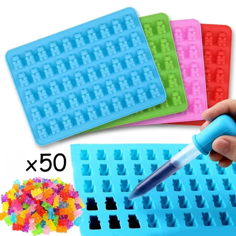 50 Cell Gummy Bear Silicone Mold With Dropper Candy Chocolate Fudge Ice Cubes Pastry Baking