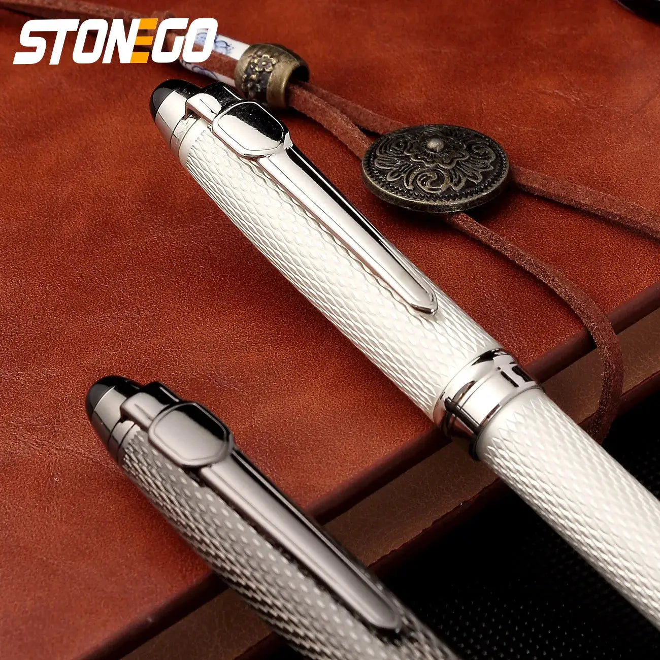 STONEGO two silver textured retractable ballpoint pens with clips