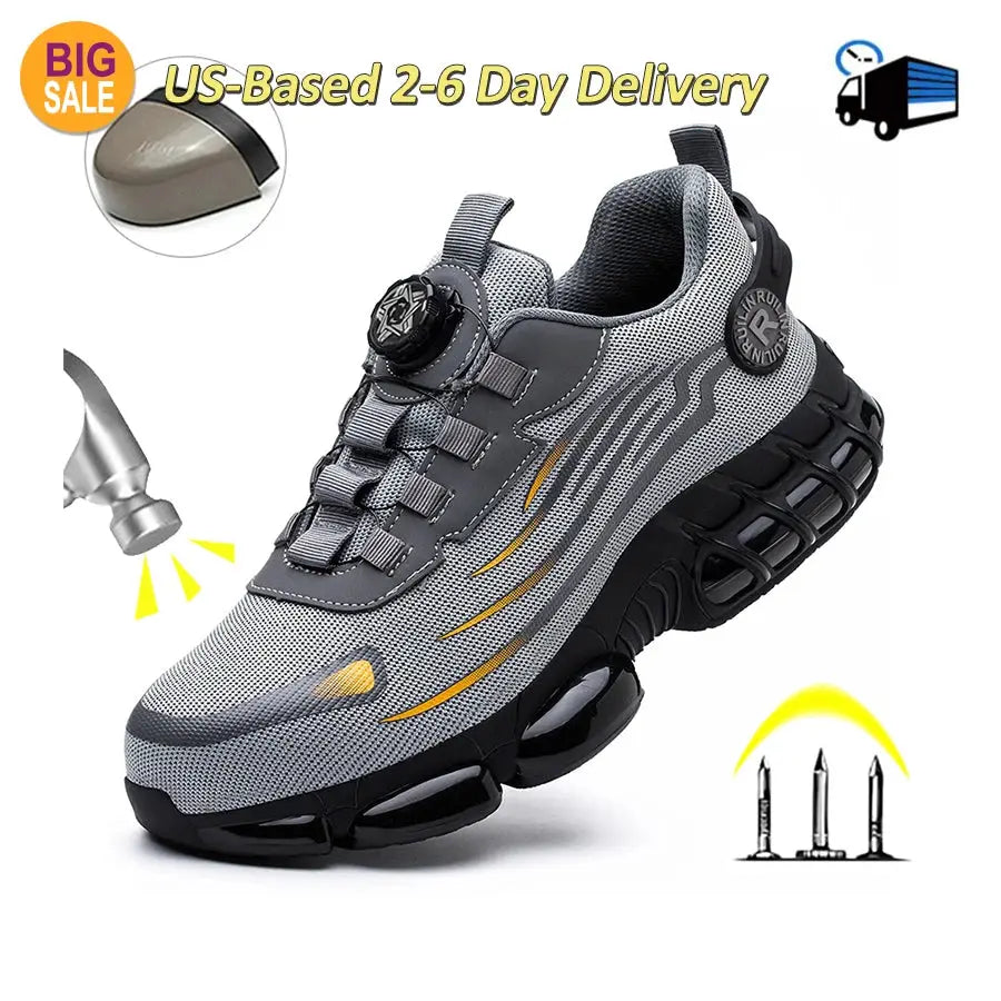 Simples Market Indestructible steel-toe safety work shoes for men, gray/black, slip-resistant