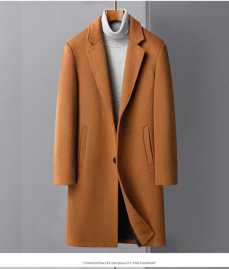 Men's camel wool trench coat, Simples Market, long wool coat with notch lapels and front pockets, sizes M-4XL