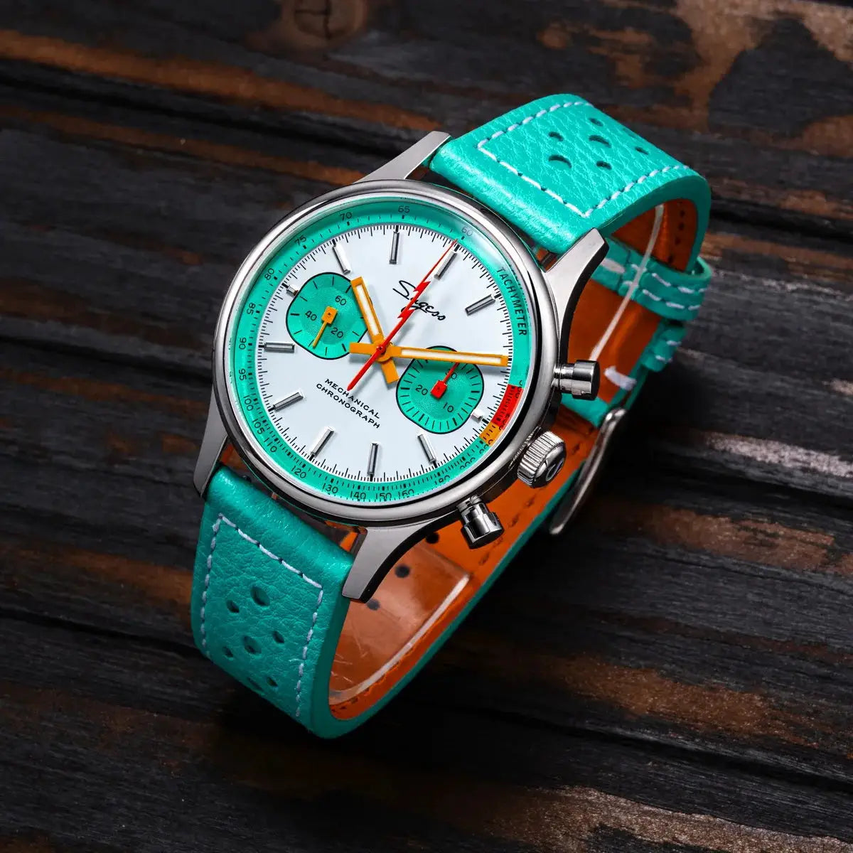 Sugess men's chronograph watch with turquoise strap and white dial featuring teal subdials