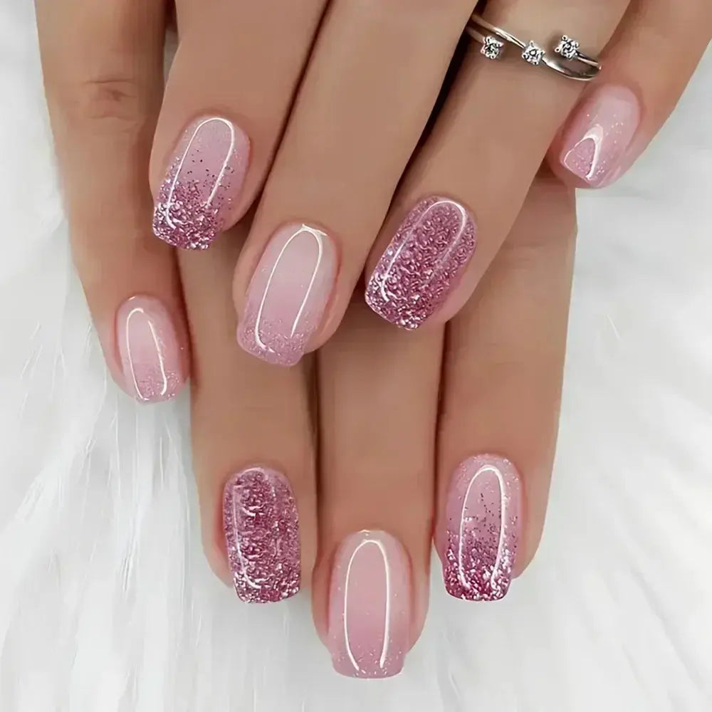 GlamNail Pro 24Pcs Short Square Coffin Press On Nails Set With Glue French Glitter Ballet Style