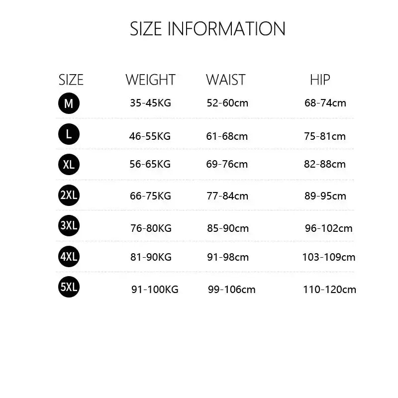 Awesomea lace bow underwear size chart by Simples Market showing M-5XL with weight, waist and hip ranges