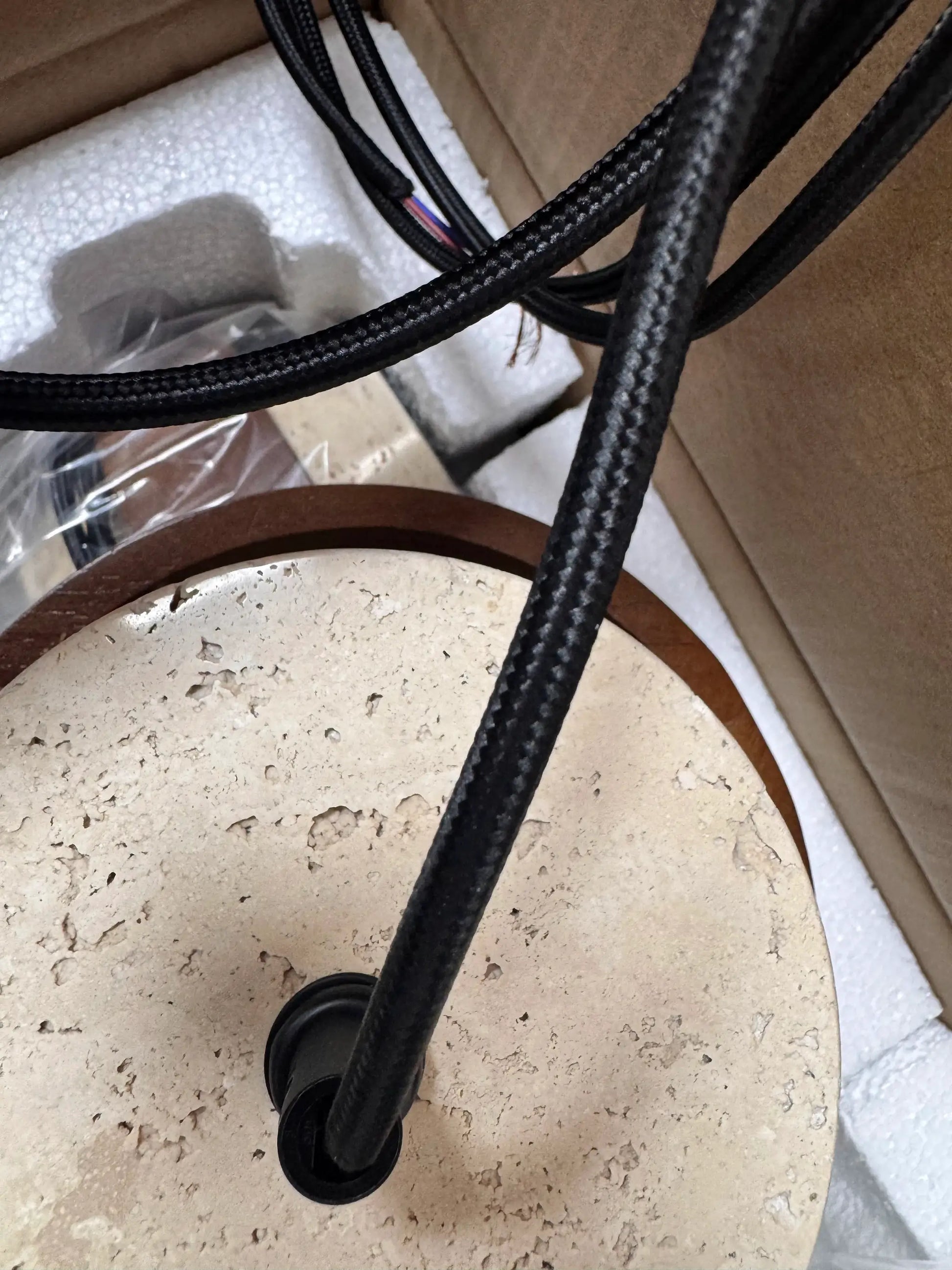Japanese Wabi Sabi bar pendant lamp with beige textured shade and black braided cords