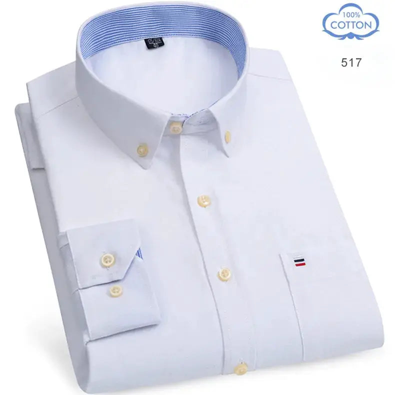 Simples Market men's oxford shirt, white 100% cotton, long-sleeve with blue striped inner collar