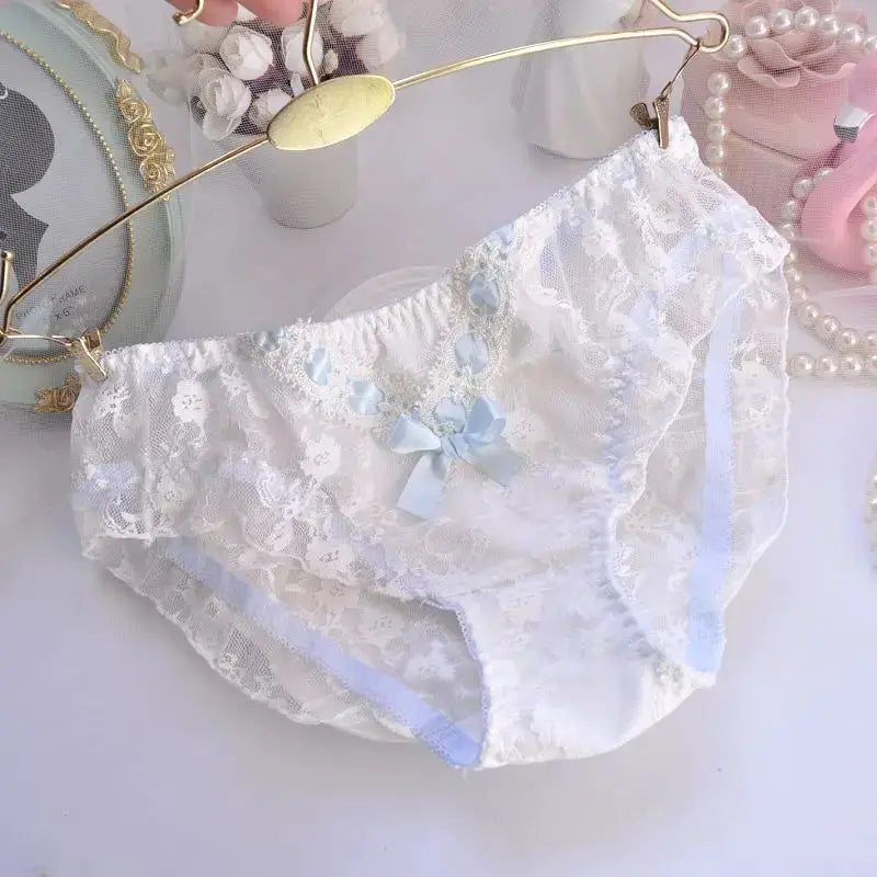 Panties white lace underwear with light blue satin bow and ruffle trim