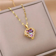 Top Luxury Colorful Crystal Ocean Heart Pendant Necklace For Women 316L Stainless Steel Jewelry