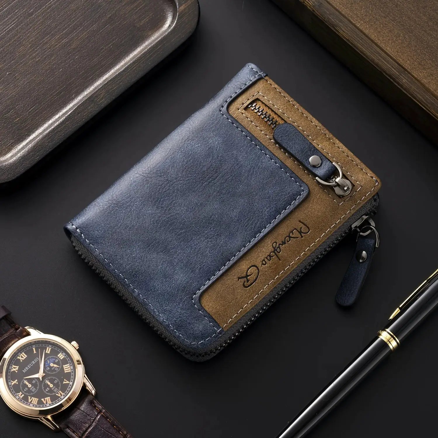 Men's retro short wallet in navy blue and tan PU leather with zipper pocket and card slots