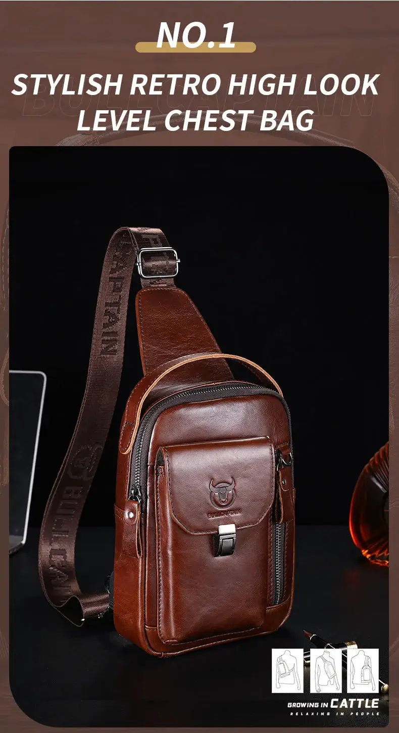BULLCAPTAIN men's brown genuine leather chest bag with crossbody strap and front pocket