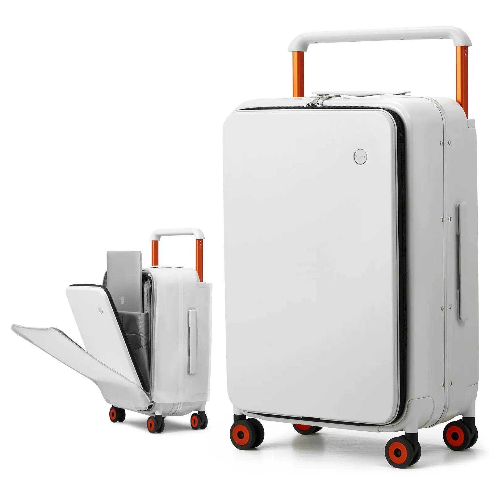 Mixi two-piece 20-inch white carry-on suitcase set with wide white handle and orange wheels; aluminum-frame design.