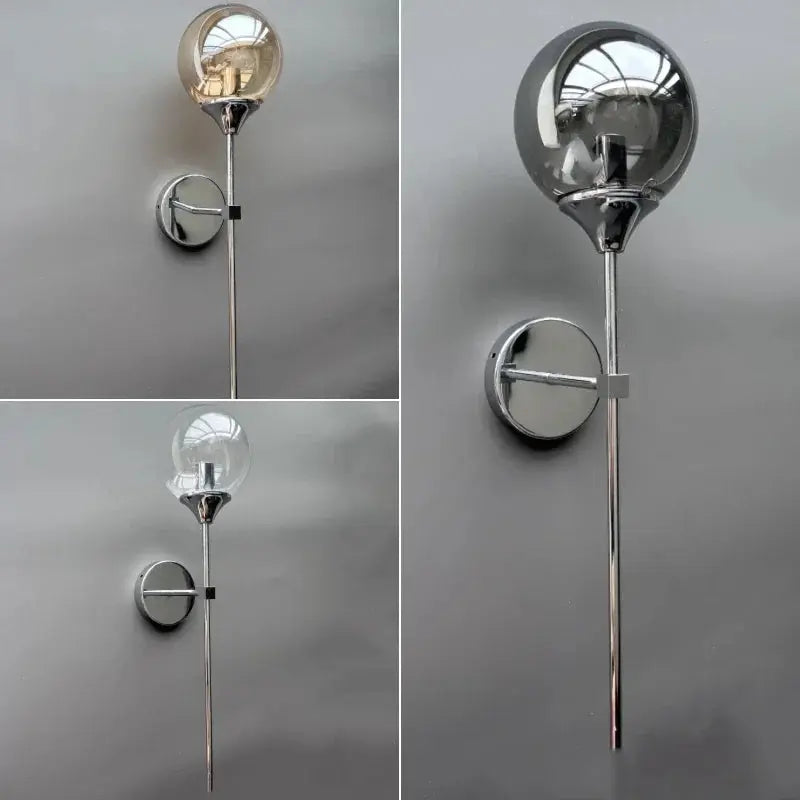 Modern glass wall lamp with round globe and chrome mounting; gold and silver finishes, shown in a three-panel collage